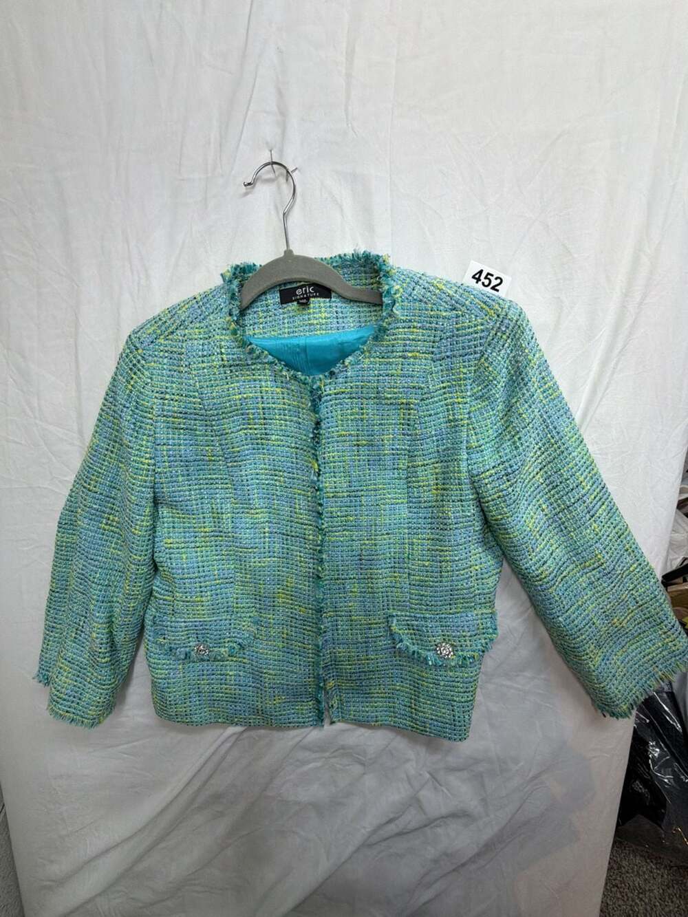 Eric Signature Tweed Blazer Size 14 Blue Green Fringe Trim